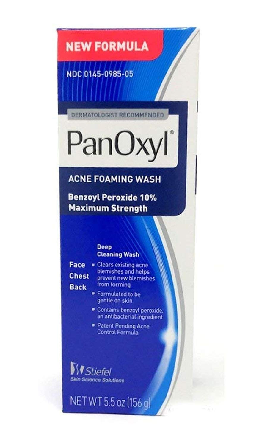 PanOxyl front packaging showing bottle and label, clear acne cleansing benefit