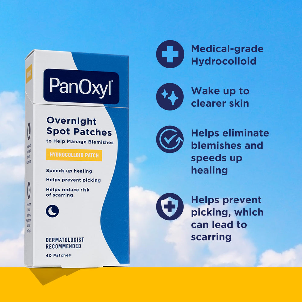 PanOxyl open box with visible clear hydrocolloid patches and organization