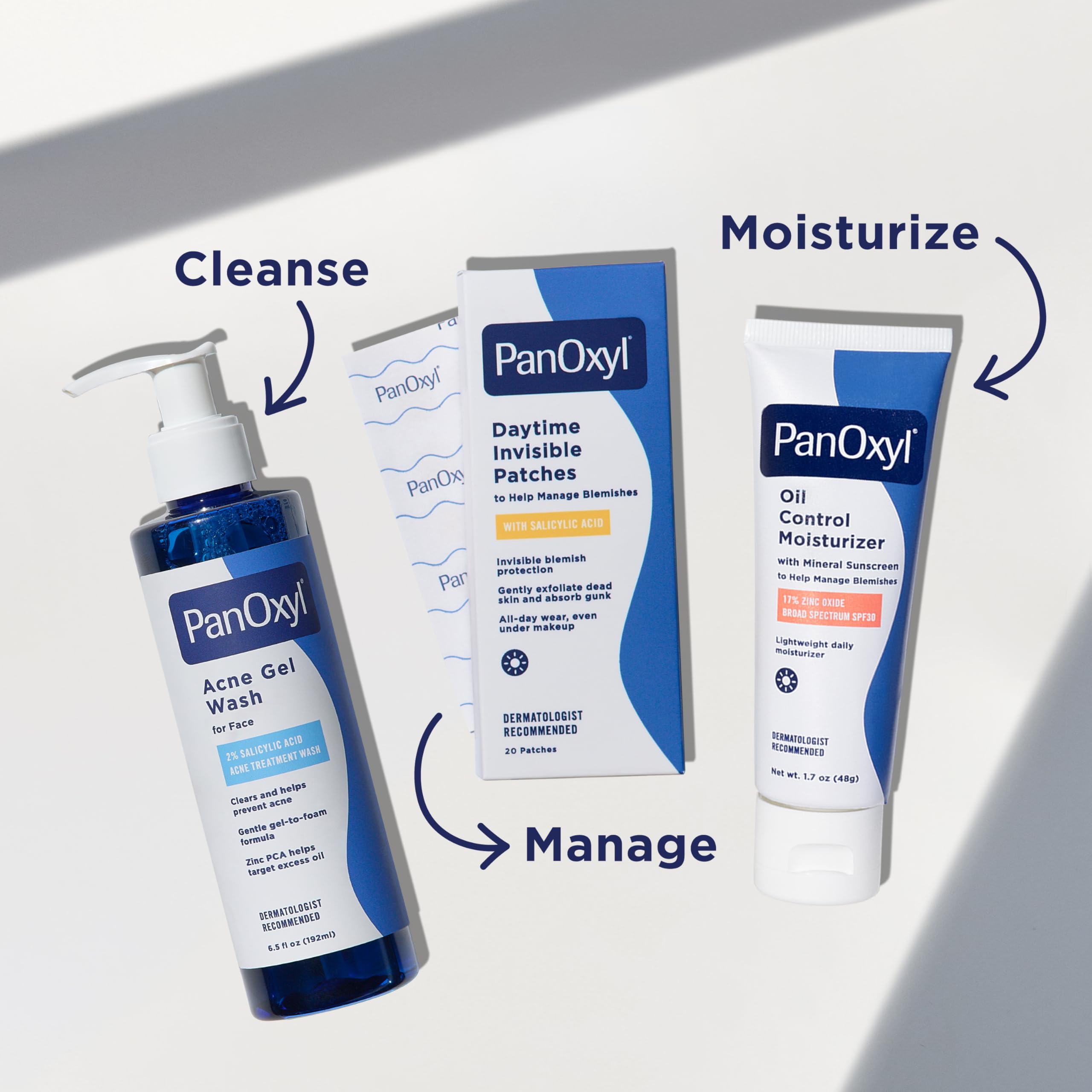 PanOxyl tube beside a hand for size comparison and travel-friendly benefit