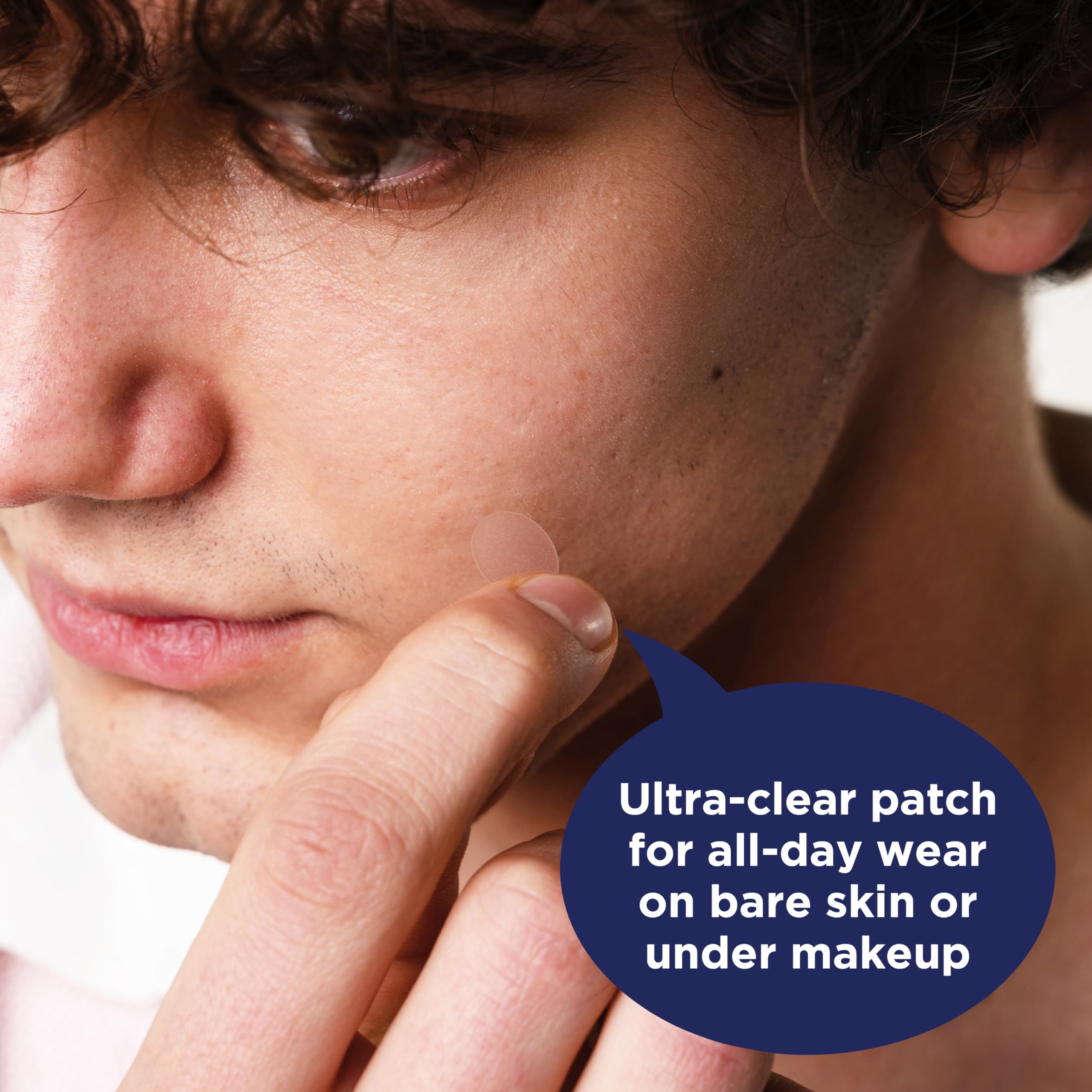 PanOxyl patch applied to cheek demonstrating comfortable daytime wear