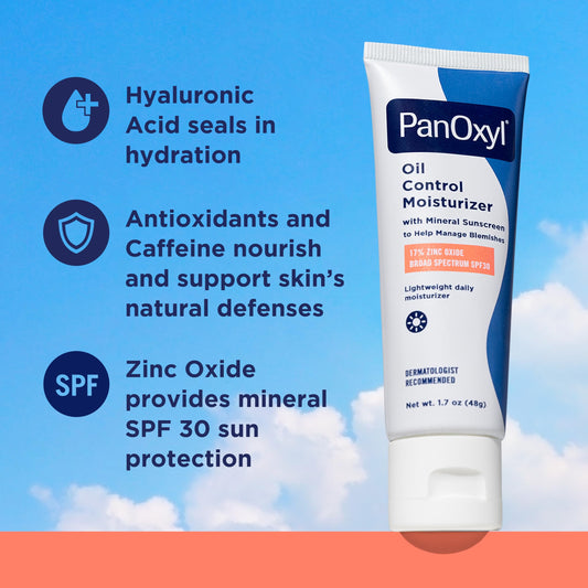 PanOxyl sheer cream texture close-up illustrating lightweight, oil-absorbing feel