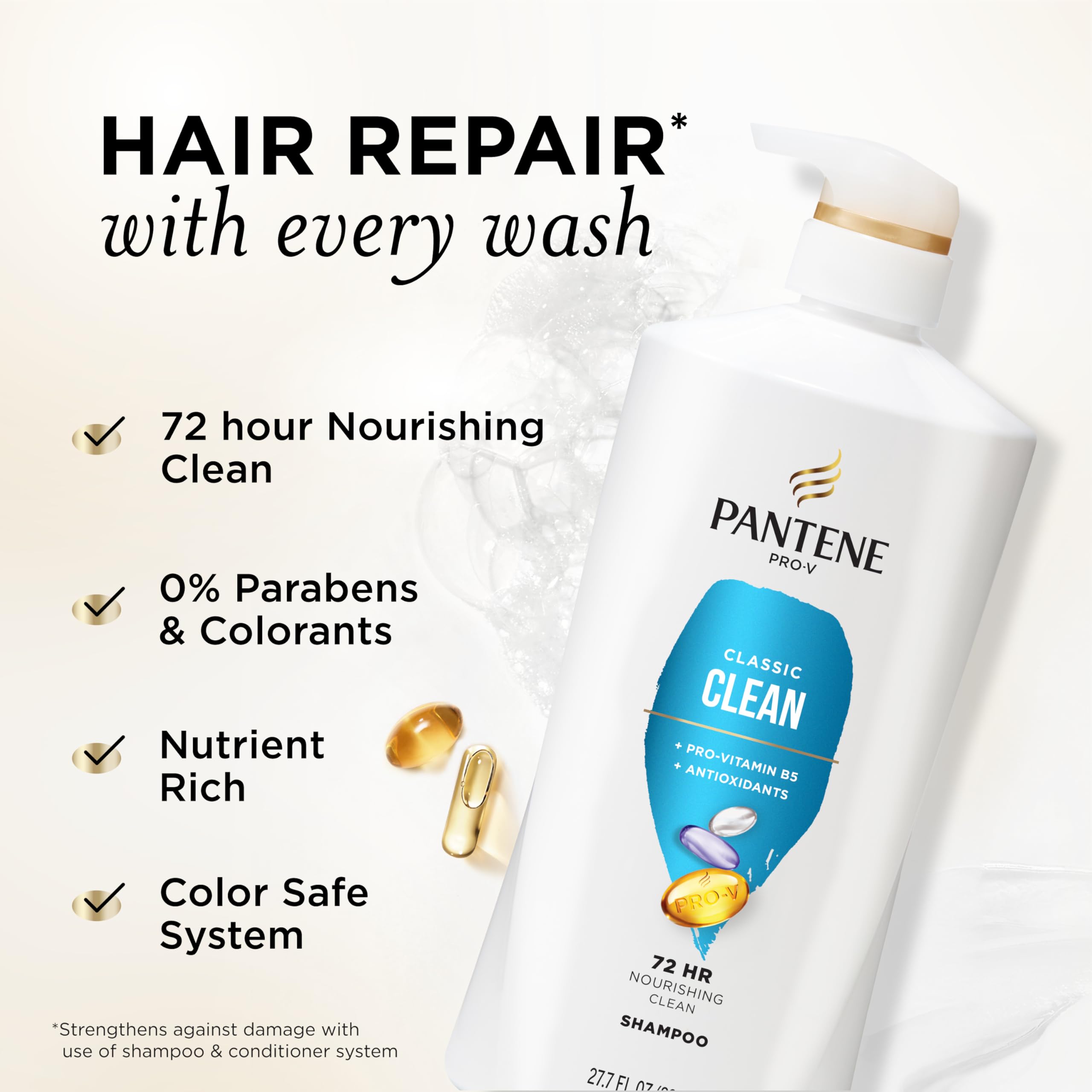 Pantene back label closeup highlighting ingredients and usage benefits