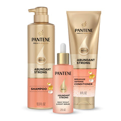 Pantene front packaging showing Abundant & Strong kit and conveying complete regimen benefits
