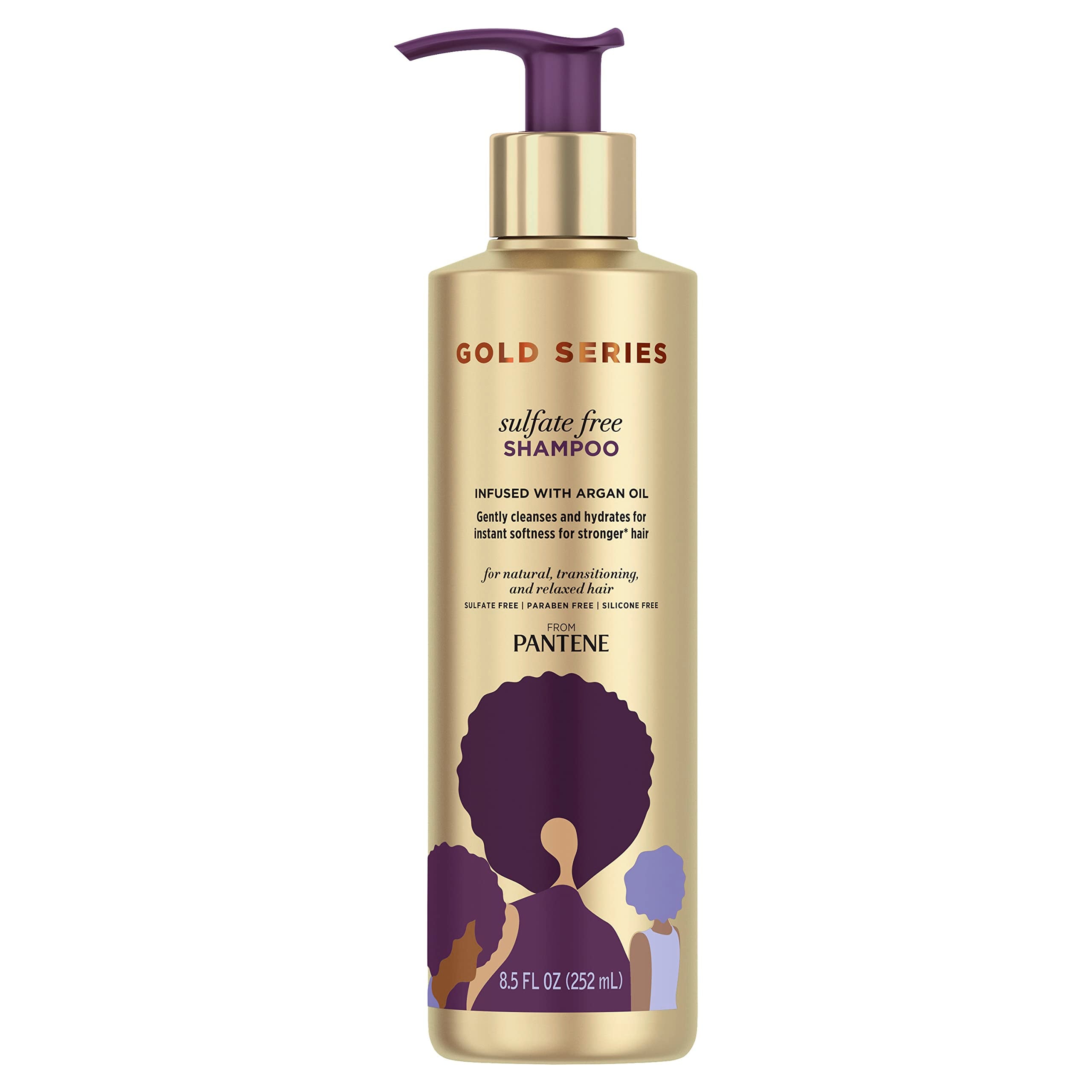 Pantene bottle front view showing Gold Series argan oil shampoo benefit gentle cleansing