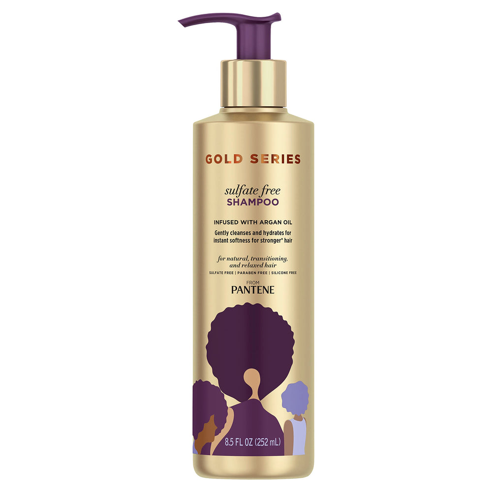 Pantene bottle front view showing Gold Series argan oil shampoo benefit gentle cleansing