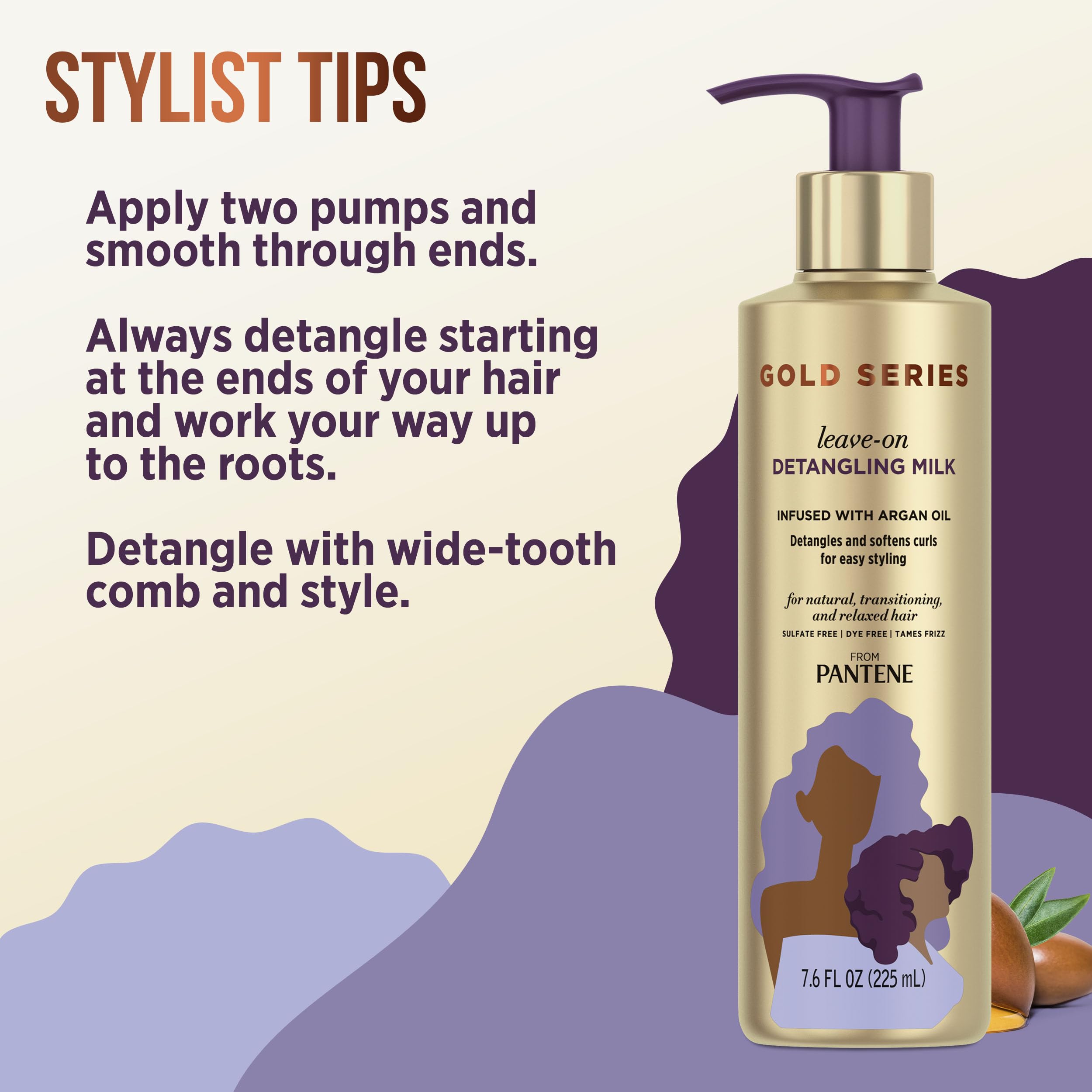 Wide-tooth comb smoothing wet textured hair with Pantene Gold Series, improves slip