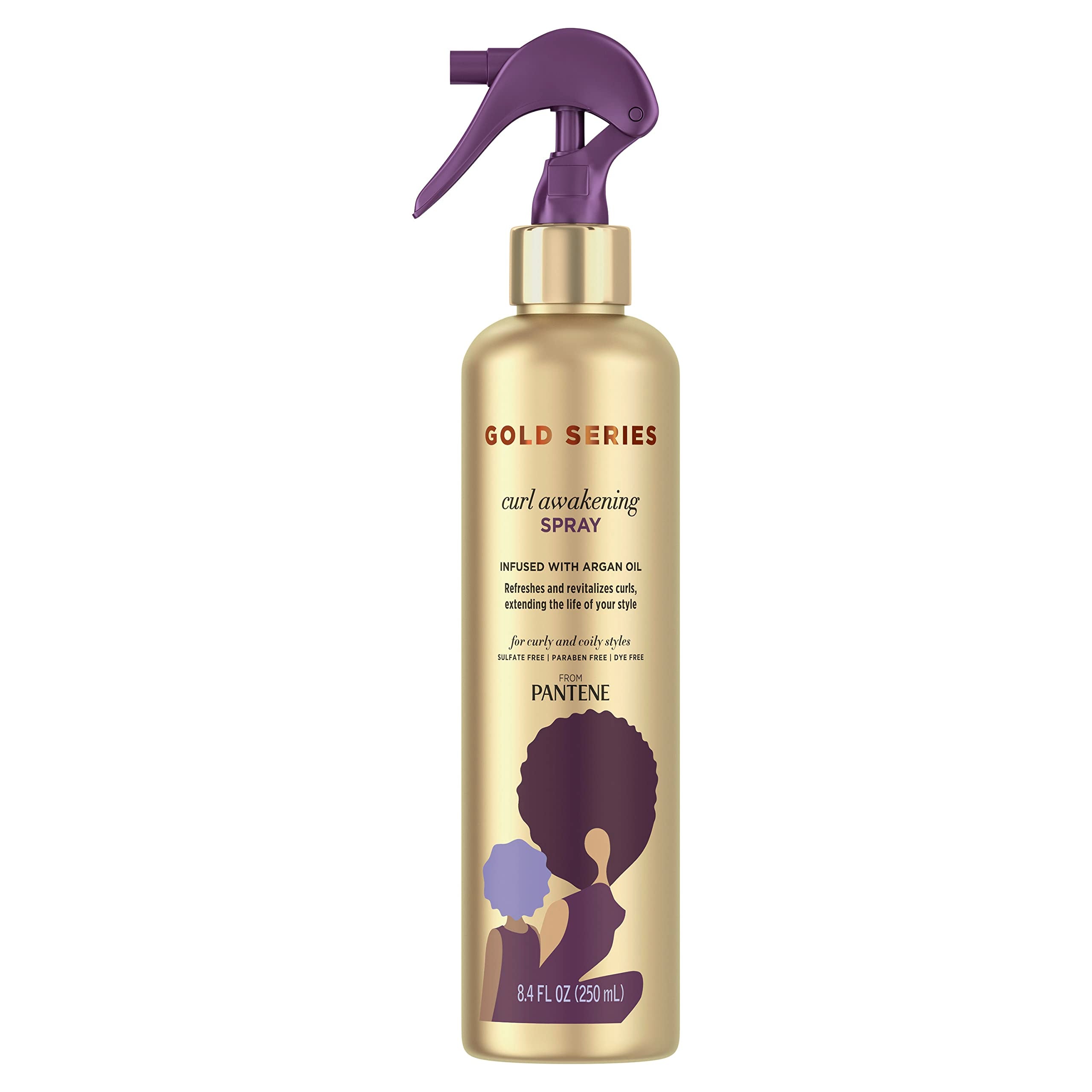Pantene Gold Series front bottle shot showing product for curly hair benefits