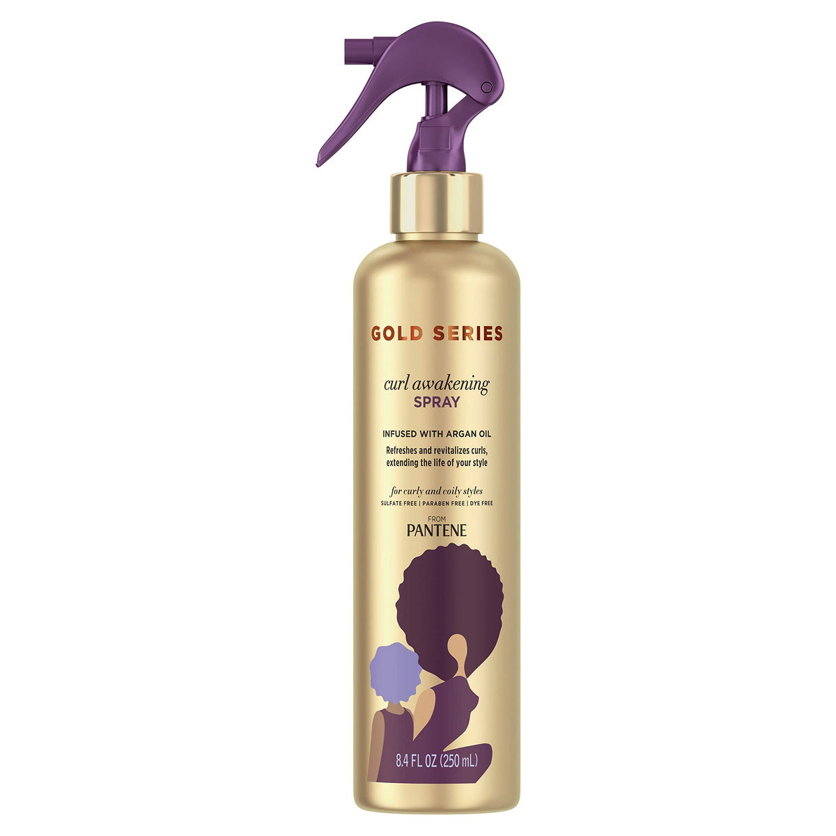Pantene Gold Series front bottle shot showing product for curly hair benefits