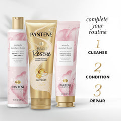 Pantene bottle on bathroom shelf in lifestyle scene conveying daily use benefit