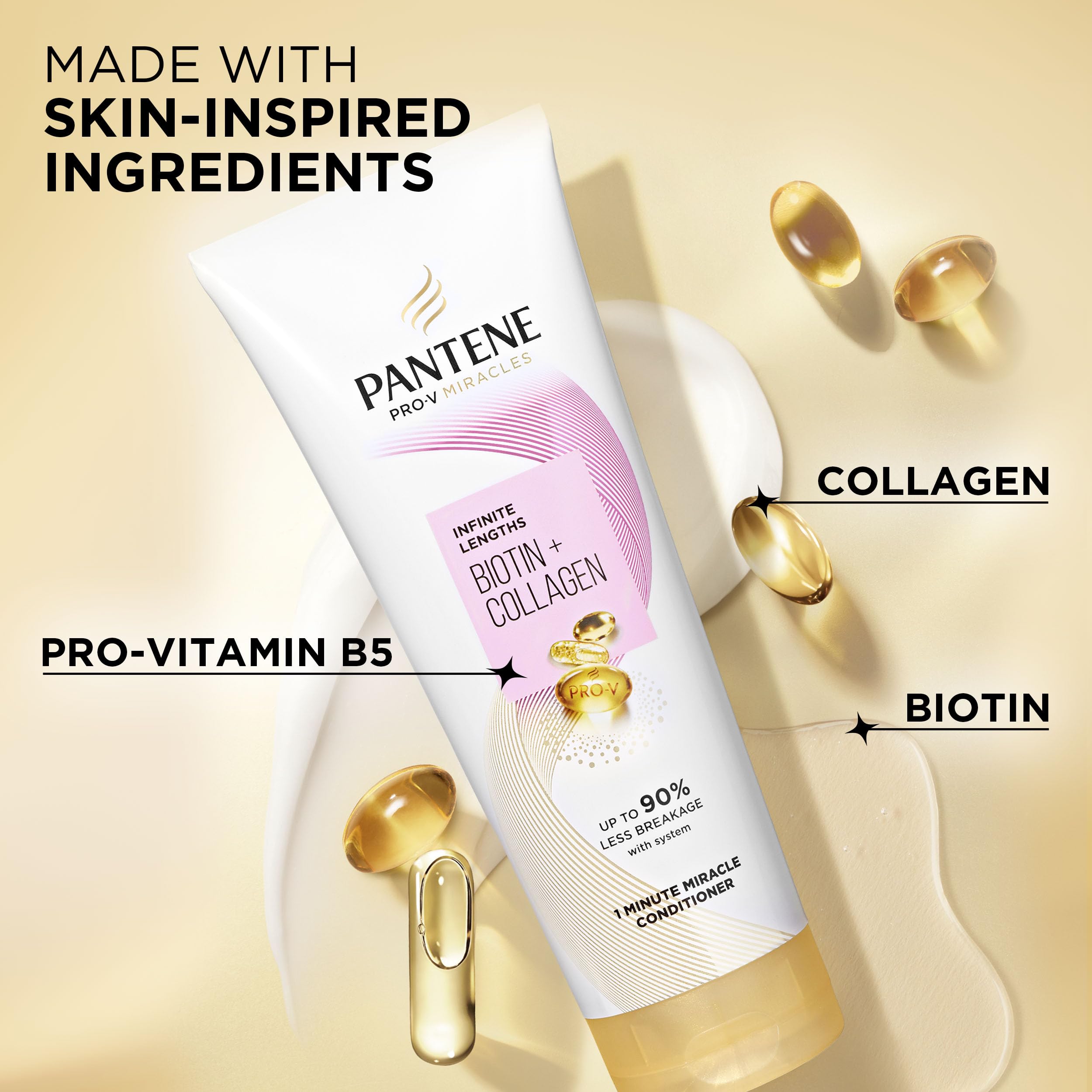 Pantene ingredient display with biotin and collagen visuals highlighting strengthening