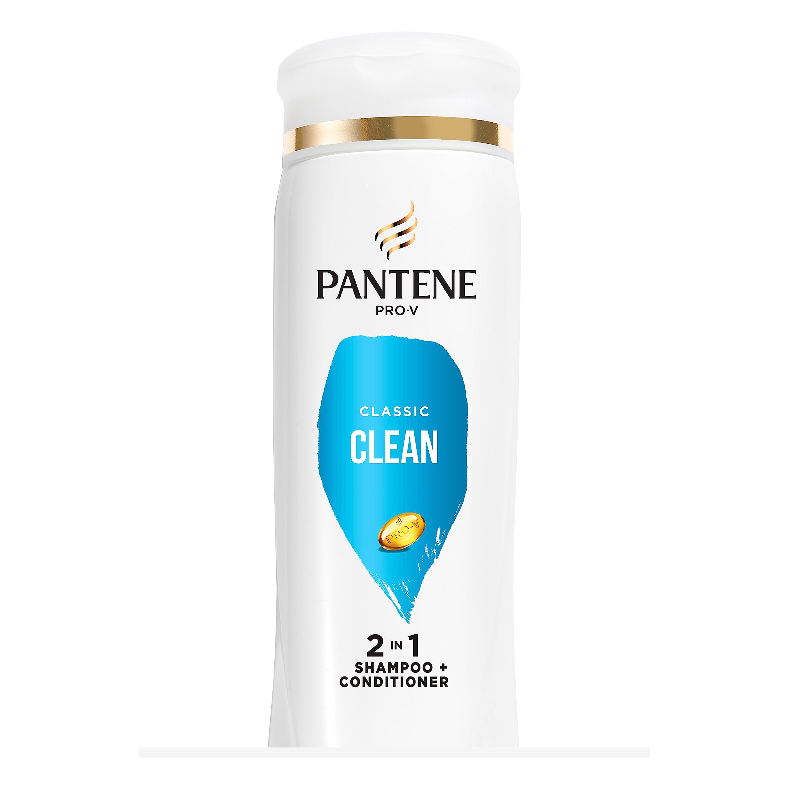 Pantene bottle front label showing Classic Clean benefits and brand