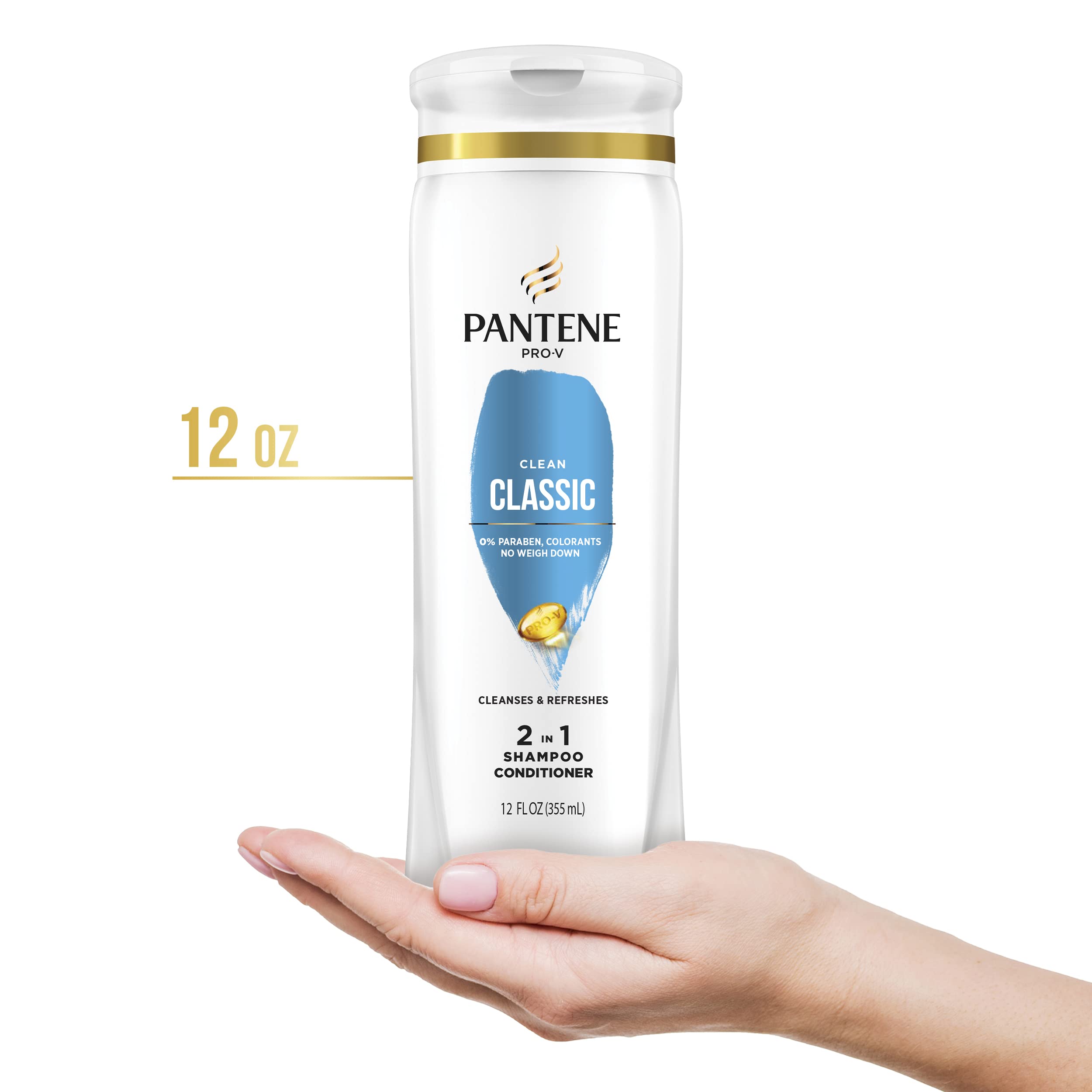 Pantene bottle on bathroom shelf in lifestyle setting for everyday use