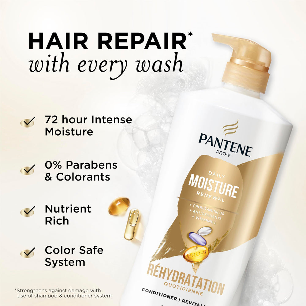 Pantene pump dispenser closeup for easy use and controlled dosing benefit