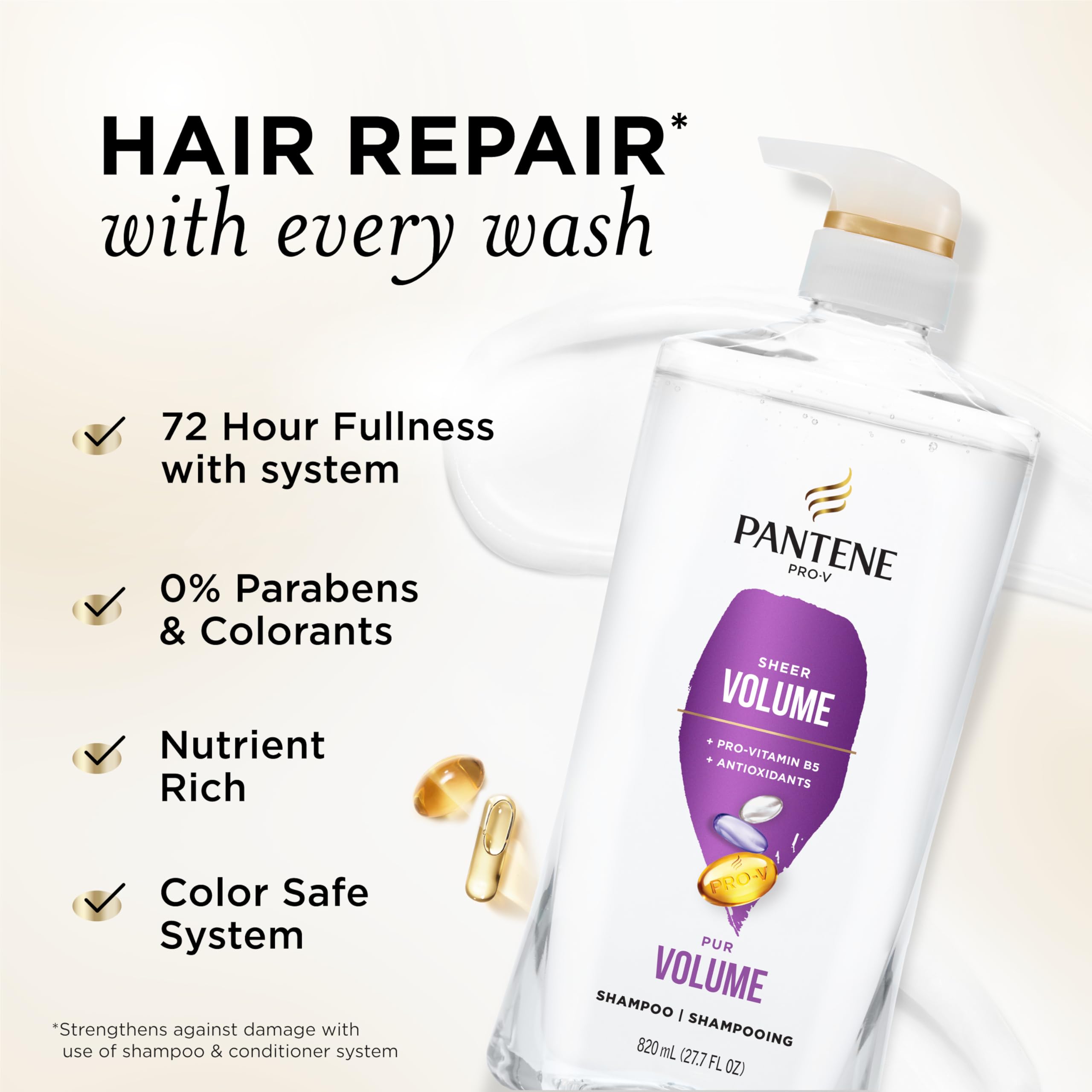 Pantene pump and label detail highlighting ingredients and paraben-free benefit