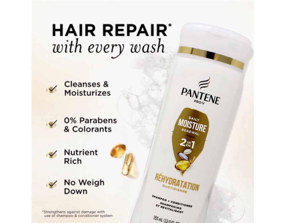 Pantene bottle next to everyday items to show 12 oz size and portability