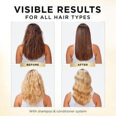 Before and after hair strands showing Pantene smoothing and frizz reduction