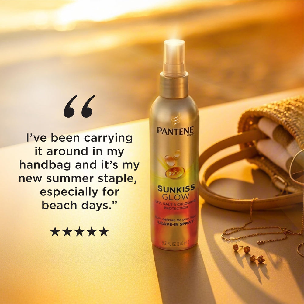 Pantene Sunkiss Glow bottle next to sunscreen for summer protection
