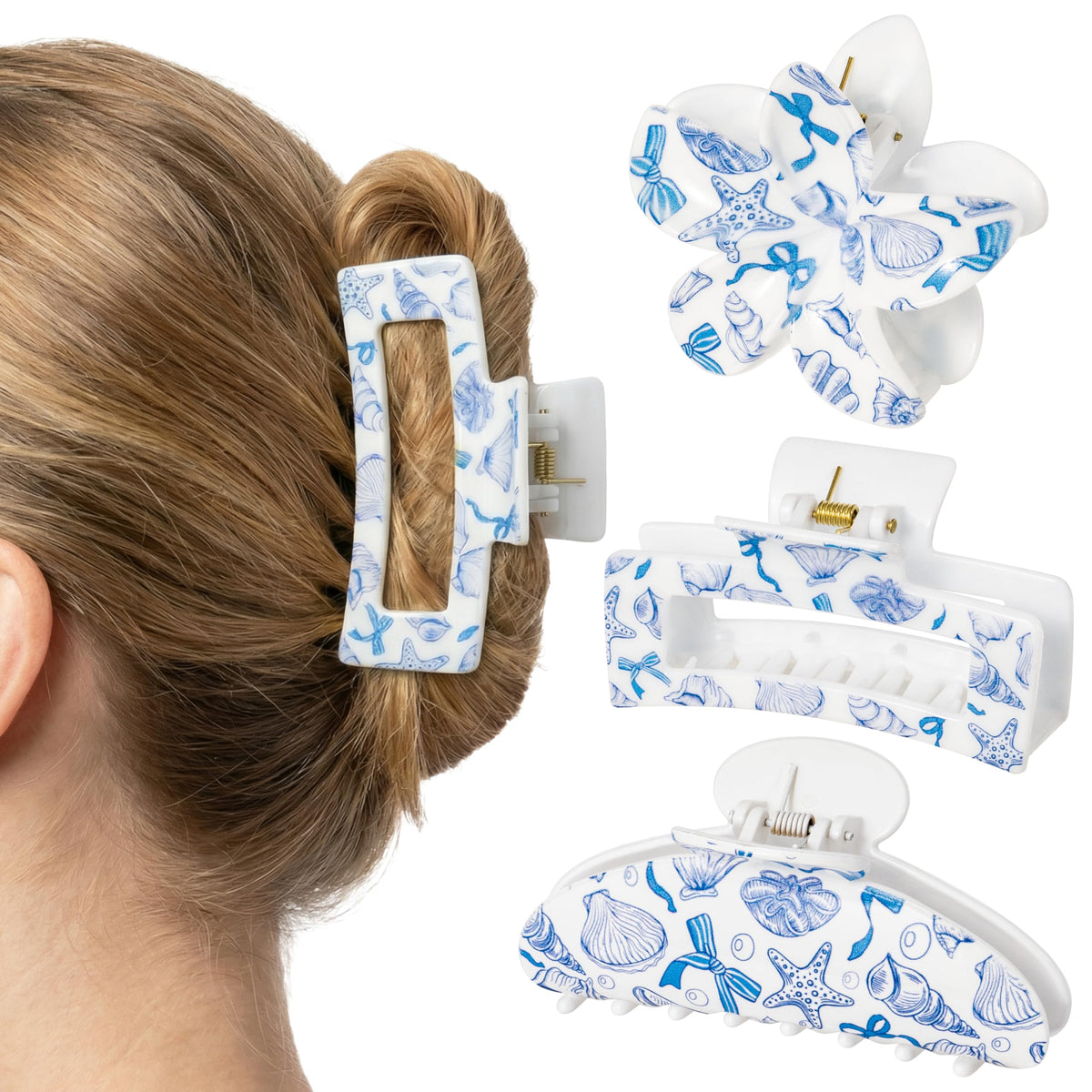 PANTIDE front view of three ocean-patterned clips, shows styles and decorative appeal