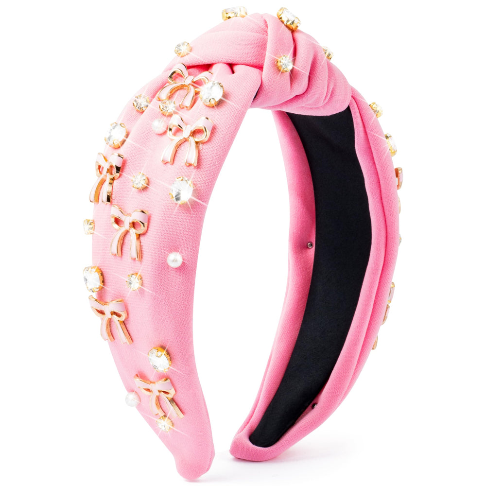 PANTIDE front view of pink jeweled knotted headband, shows overall design and appeal