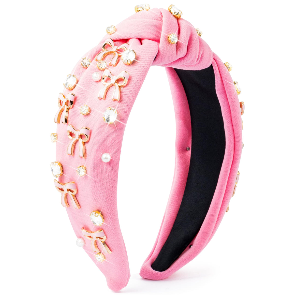 PANTIDE front view of pink jeweled knotted headband, shows overall design and appeal