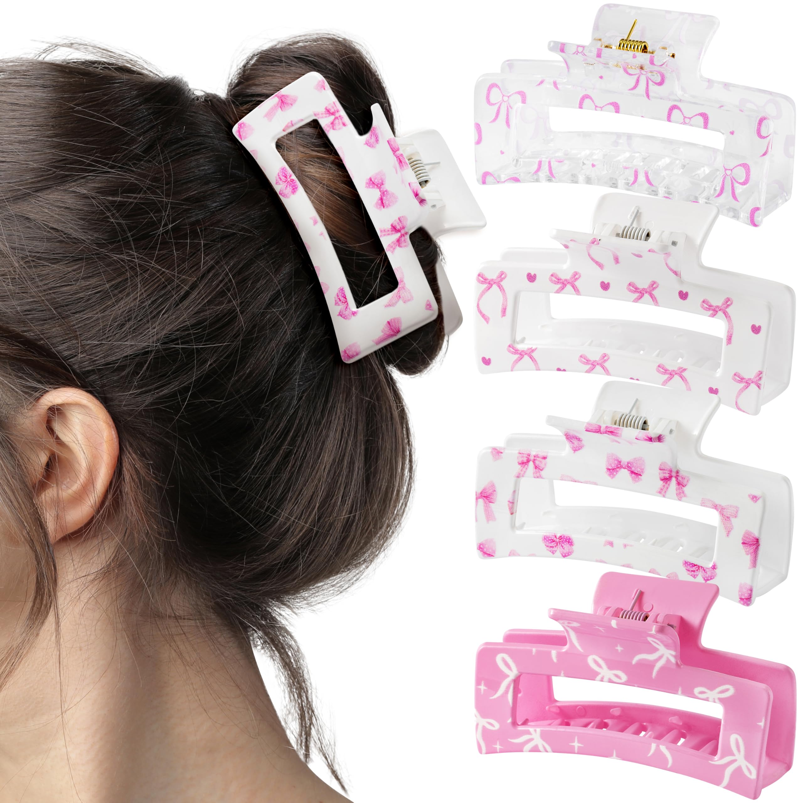 PANTIDE front view of four coquette pink bow clips showing design and color benefit secure styling