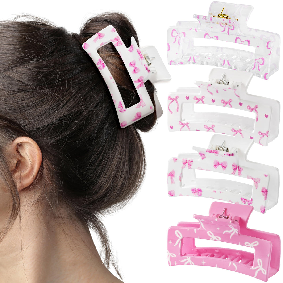 PANTIDE front view of four coquette pink bow clips showing design and color benefit secure styling