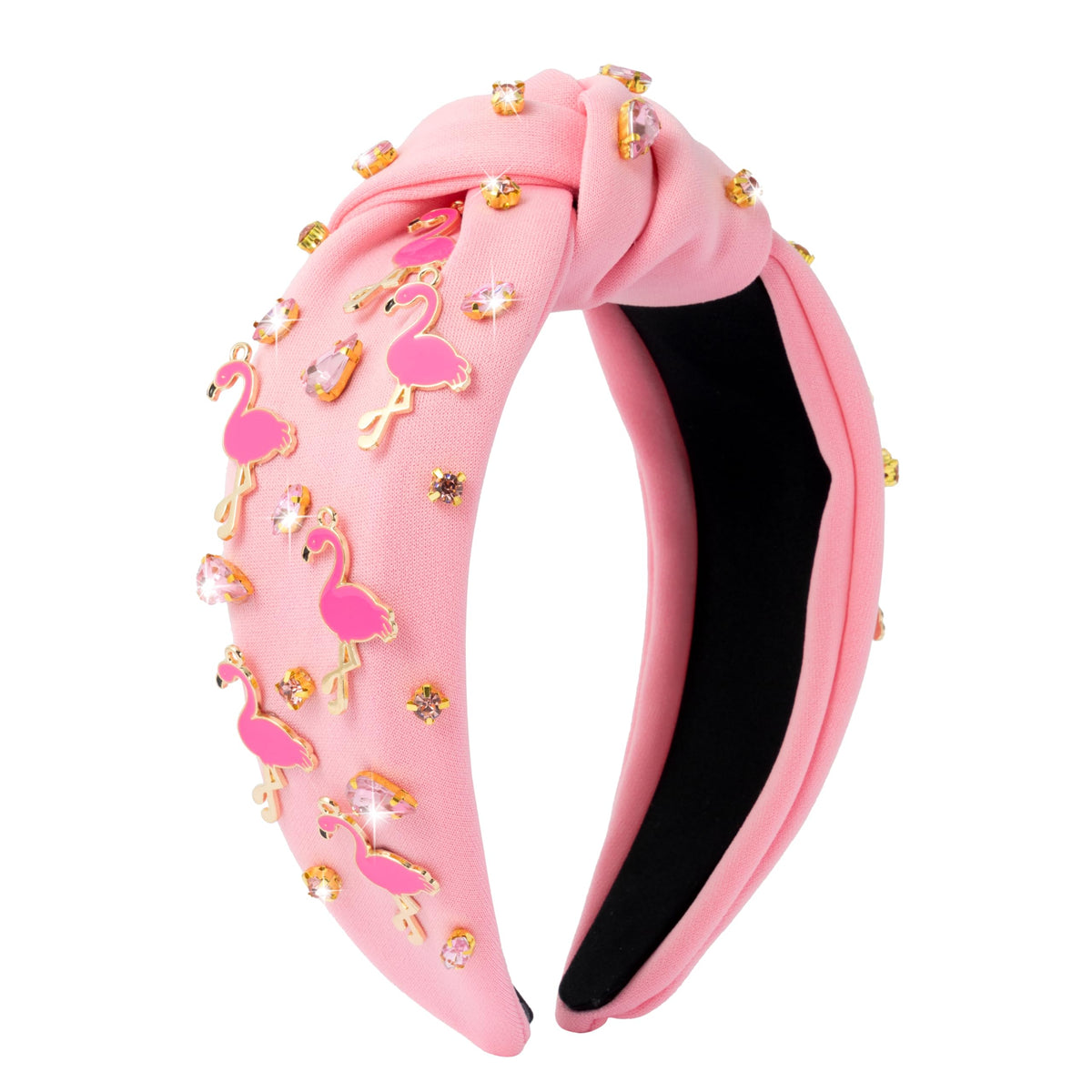 PANTIDE front view of flamingo jeweled headband showing pink fabric and rhinestones for stylish wear