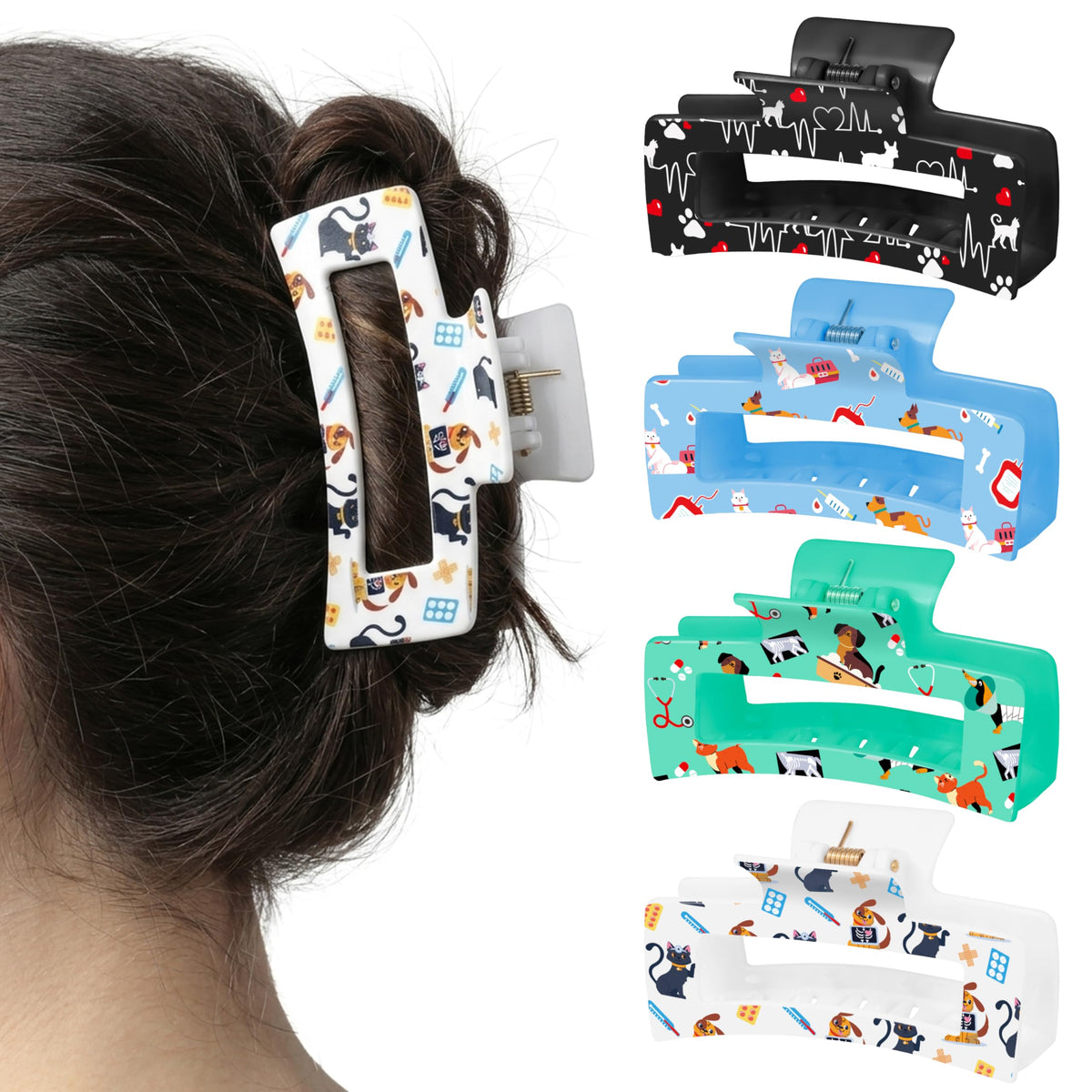 PANTIDE front view of four veterinary-themed claw clips showing designs and size benefit
