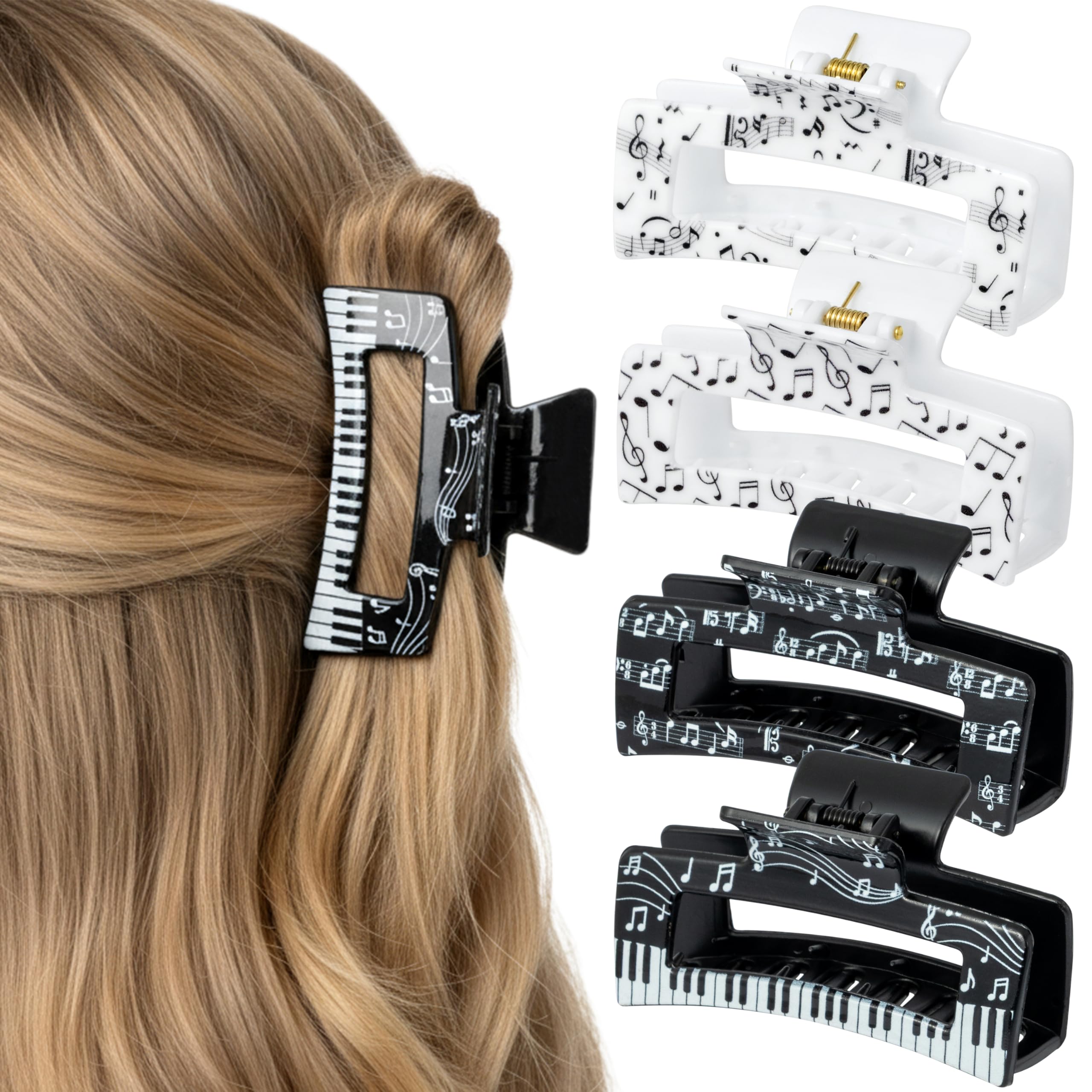 PANTIDE front view of four piano-pattern hair clips showing style and contrast