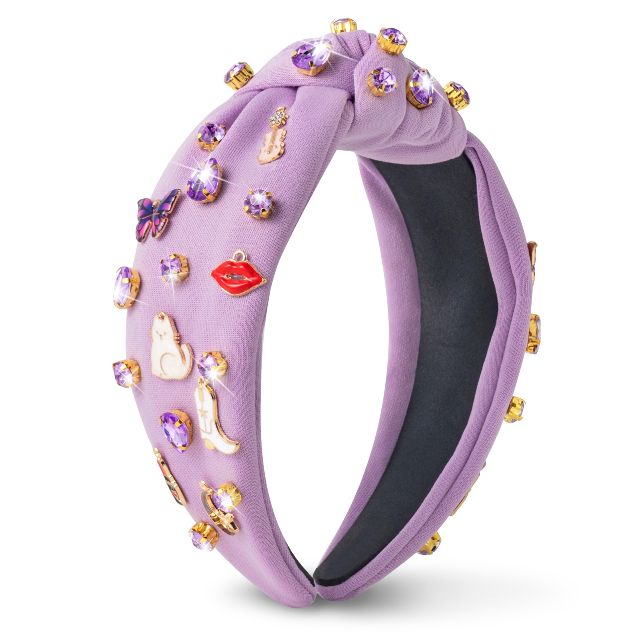 PANTIDE purple headband front view showing wide top knot and rhinestones for instant glam