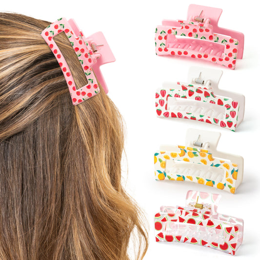 PANTIDE front view of four fruit claw clips showing colorful designs and compact size, easy styling