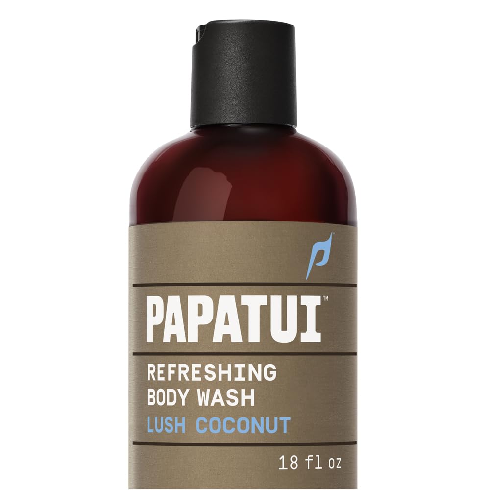 PAPATUI front bottle showing lush coconut scent and clear packaging benefit