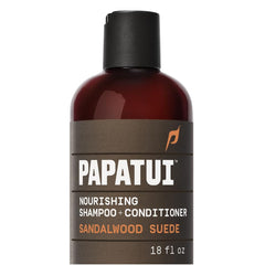 PAPATUI front bottle showing sandalwood suede scent and 18 oz benefit