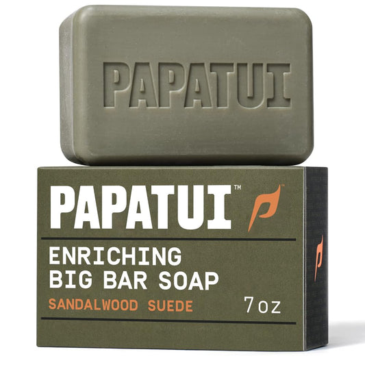 PAPATUI front packaging showing sandalwood suede scent and 7oz size benefit