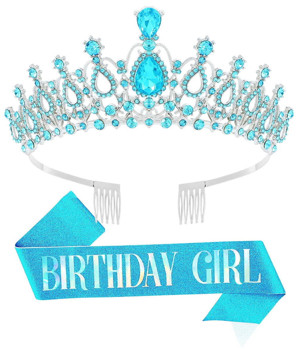 Papoopy front view of blue tiara and sash showing elegant styling benefit