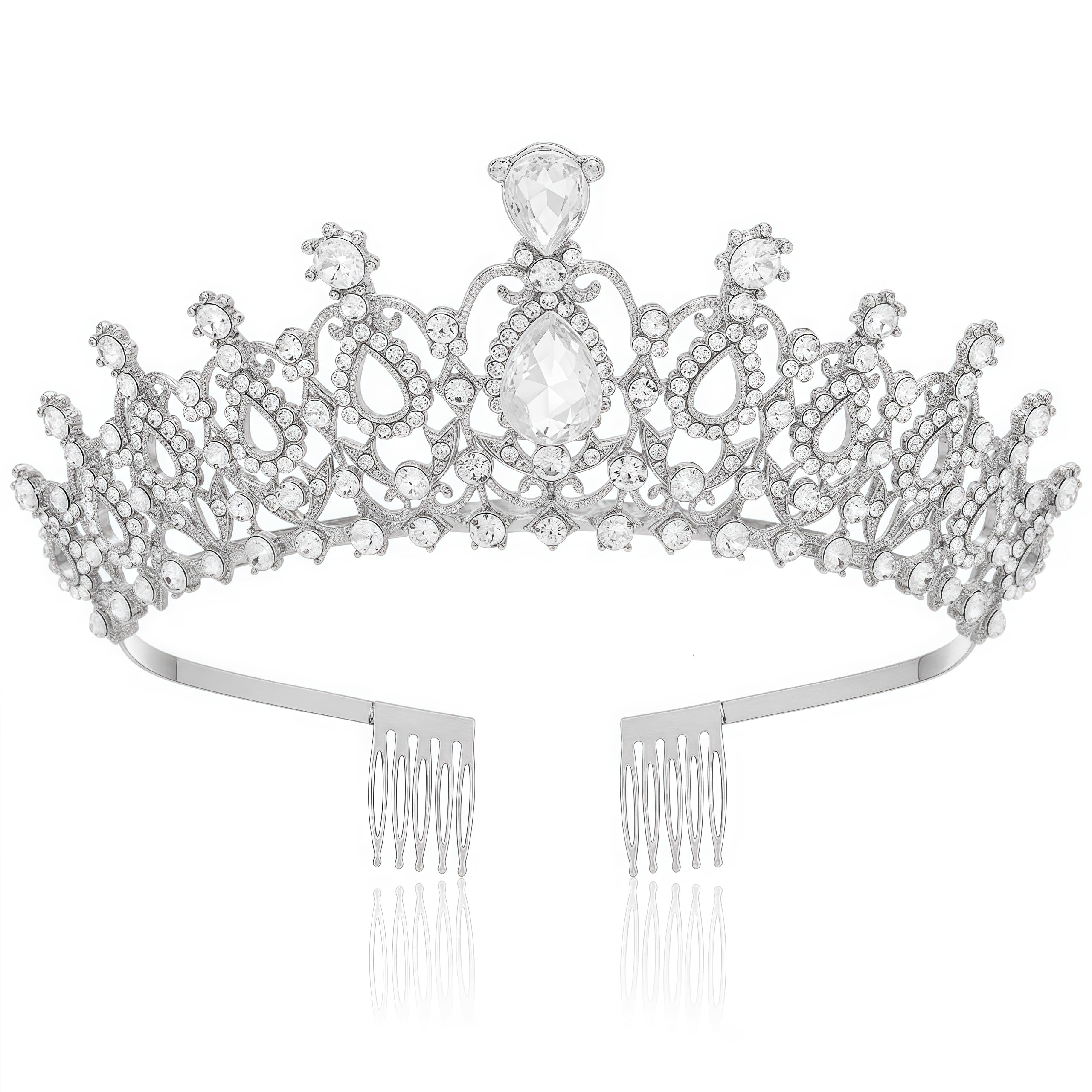 Papoopy silver tiara front view showing elegant filigree and shine for polished looks