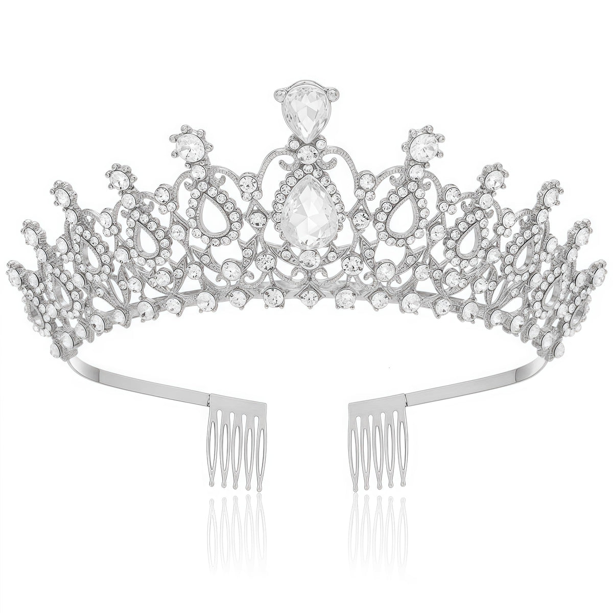 Papoopy silver tiara front view showing elegant filigree and shine for polished looks