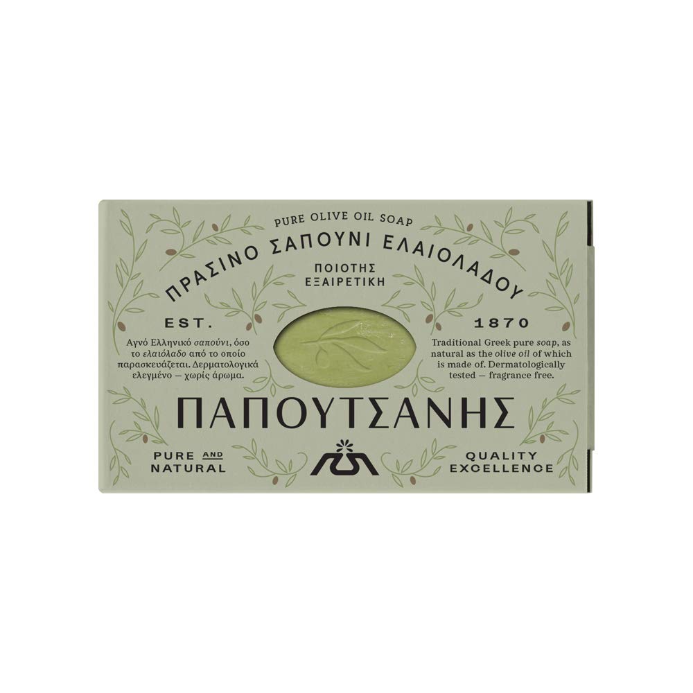 Papoutsanis olive oil soap front packaging showing label and weight, highlights natural purity