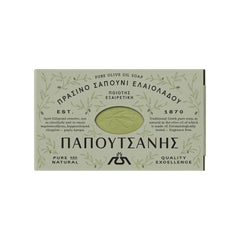 Papoutsanis olive oil soap front packaging showing label and weight, highlights natural purity