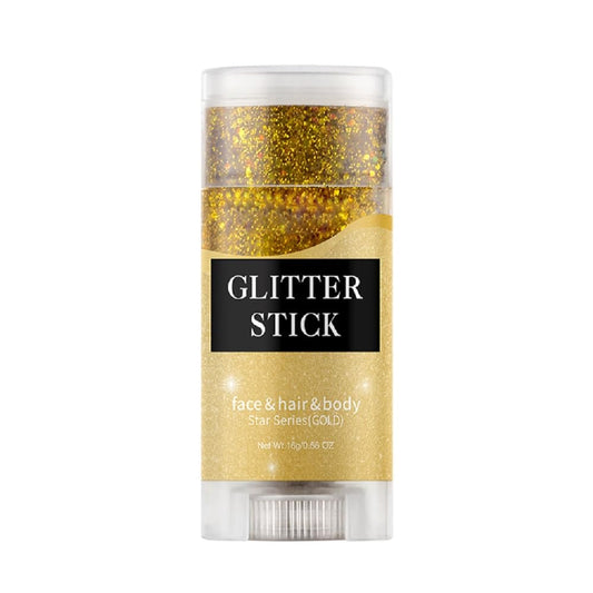 PAQIMAN gold glitter stick front packaging showing product label and cap, travel-ready shine