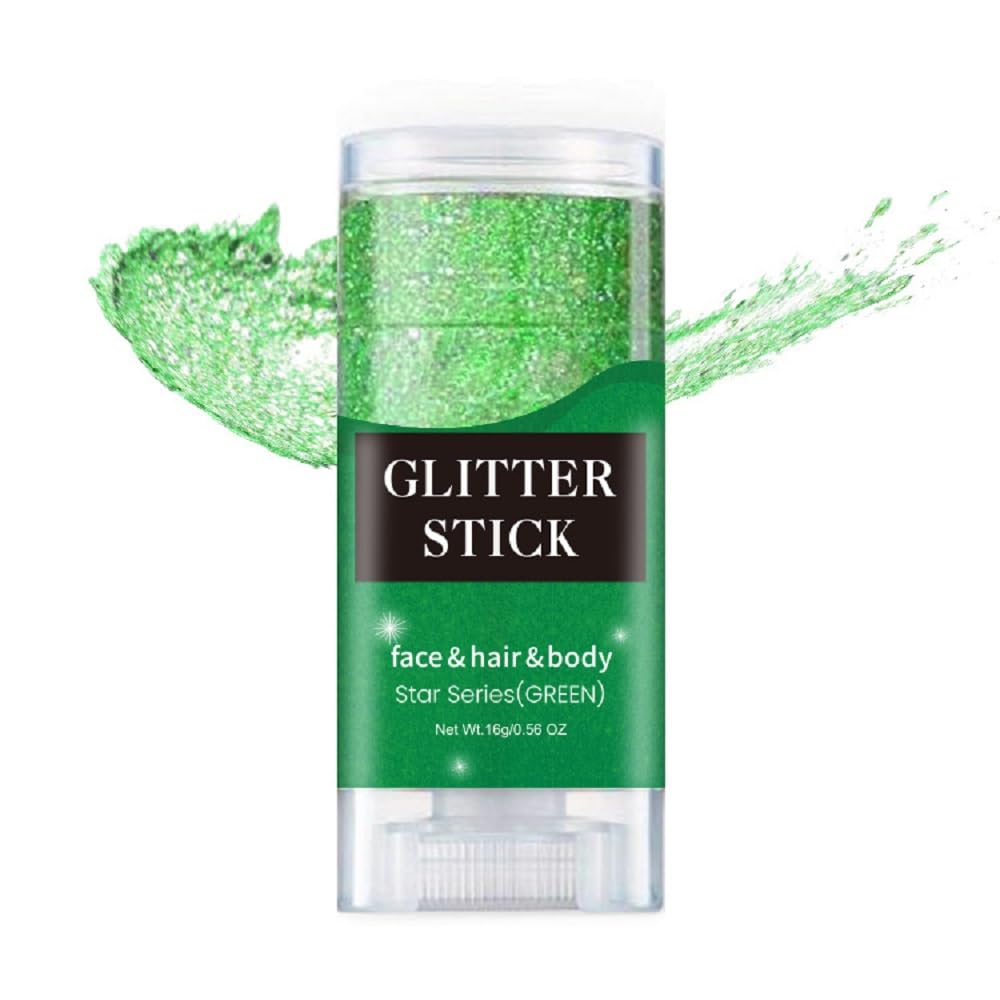 PAQIMAN green face glitter stick front packaging showing product benefit of portable shimmer