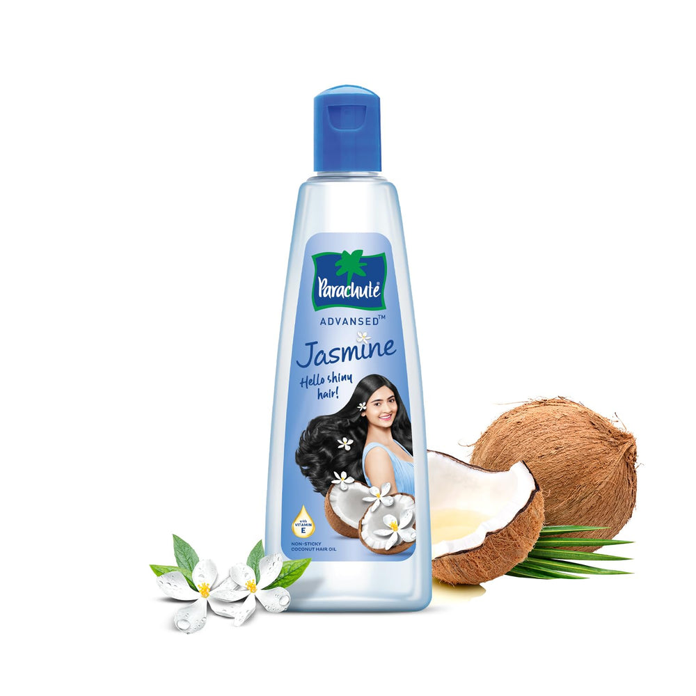 Parachute Advansed front packaging showing bottle and jasmine flowers benefits shine