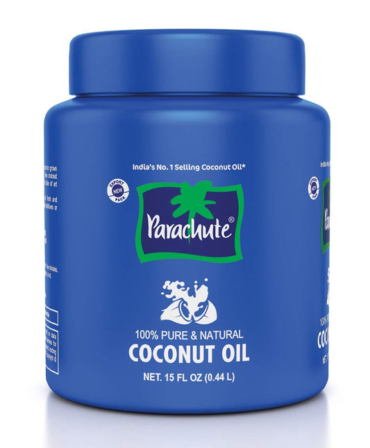 Parachute front jar 15 fl oz showing brand and packaging benefits