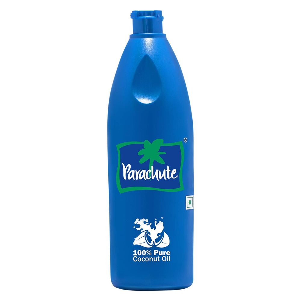 Parachute jar front packaging showing pure unrefined coconut oil benefit: trusted purity