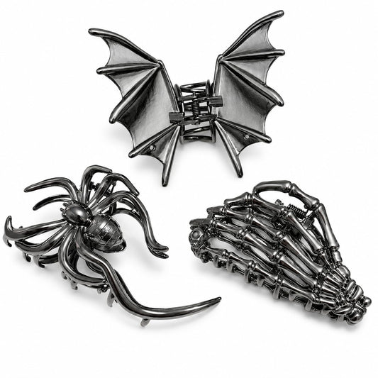 Parcce front view of three metallic black claw clips, stylish accessory