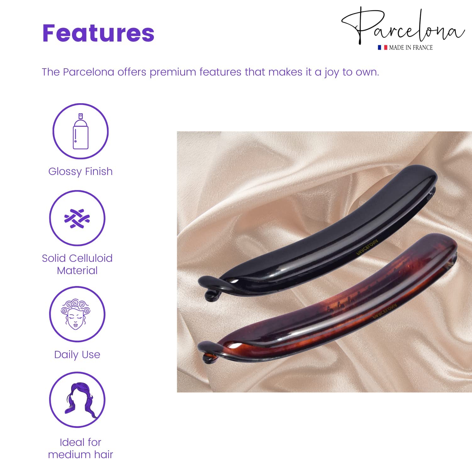 Parcelona worn in hair demonstrating a neat French twist for refined hold