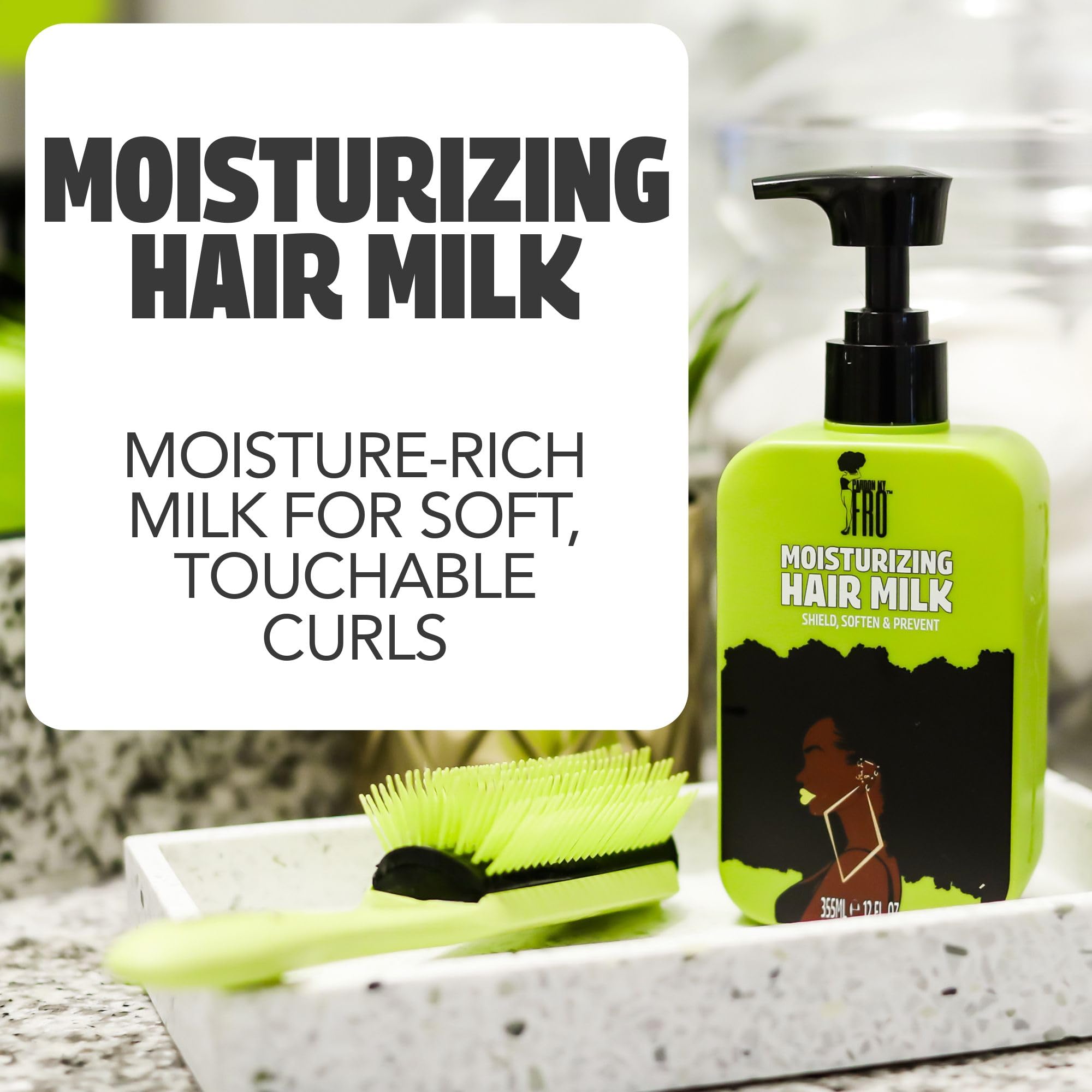 Pardon My Fro bottle next to ruler showing 12 fl oz long-lasting benefit