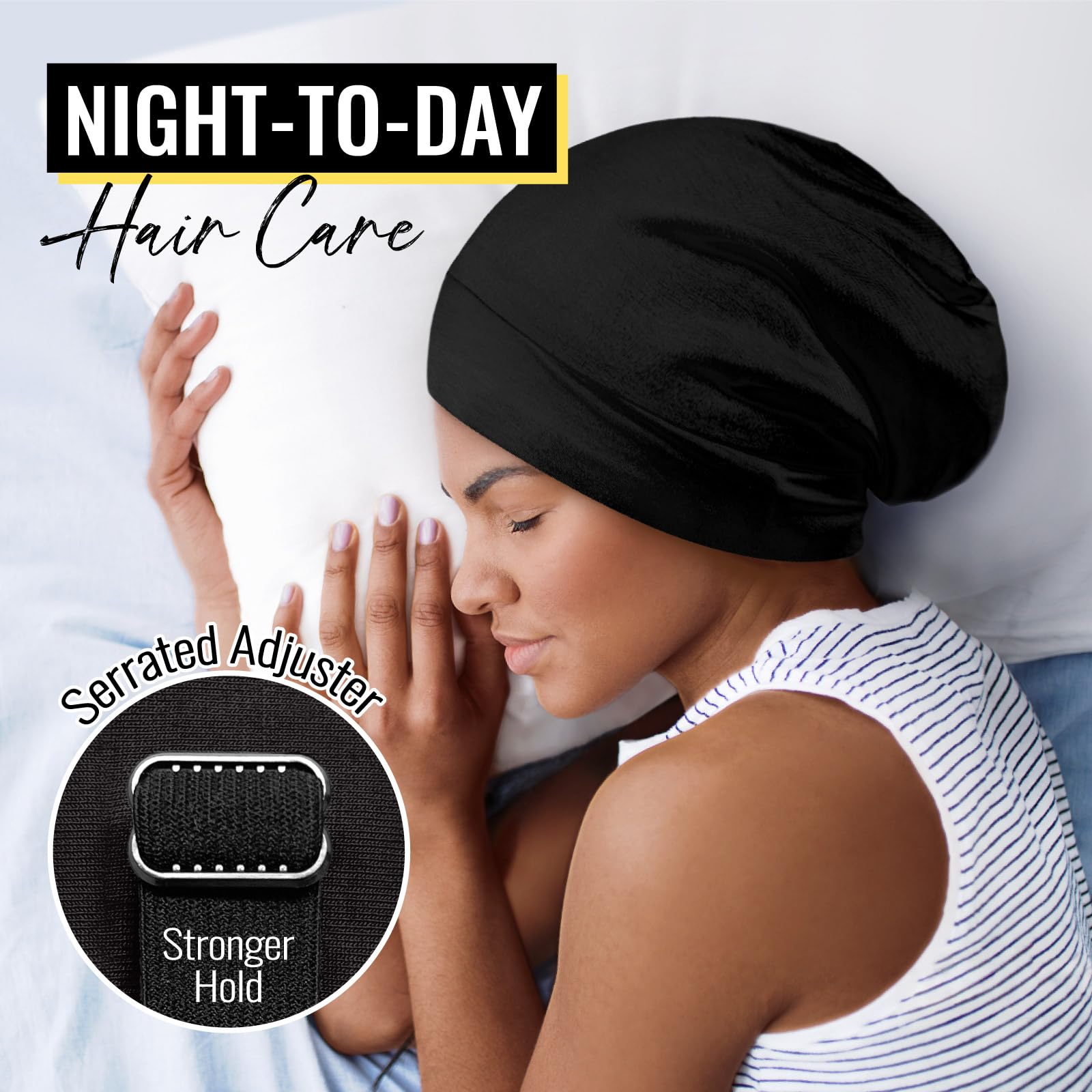 PARISBELLA model sleeping with bonnet demonstrates stay-on comfort and hair protection