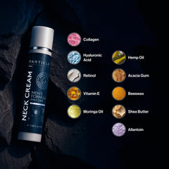 Particle neck cream ingredients display highlighting key actives for hydration