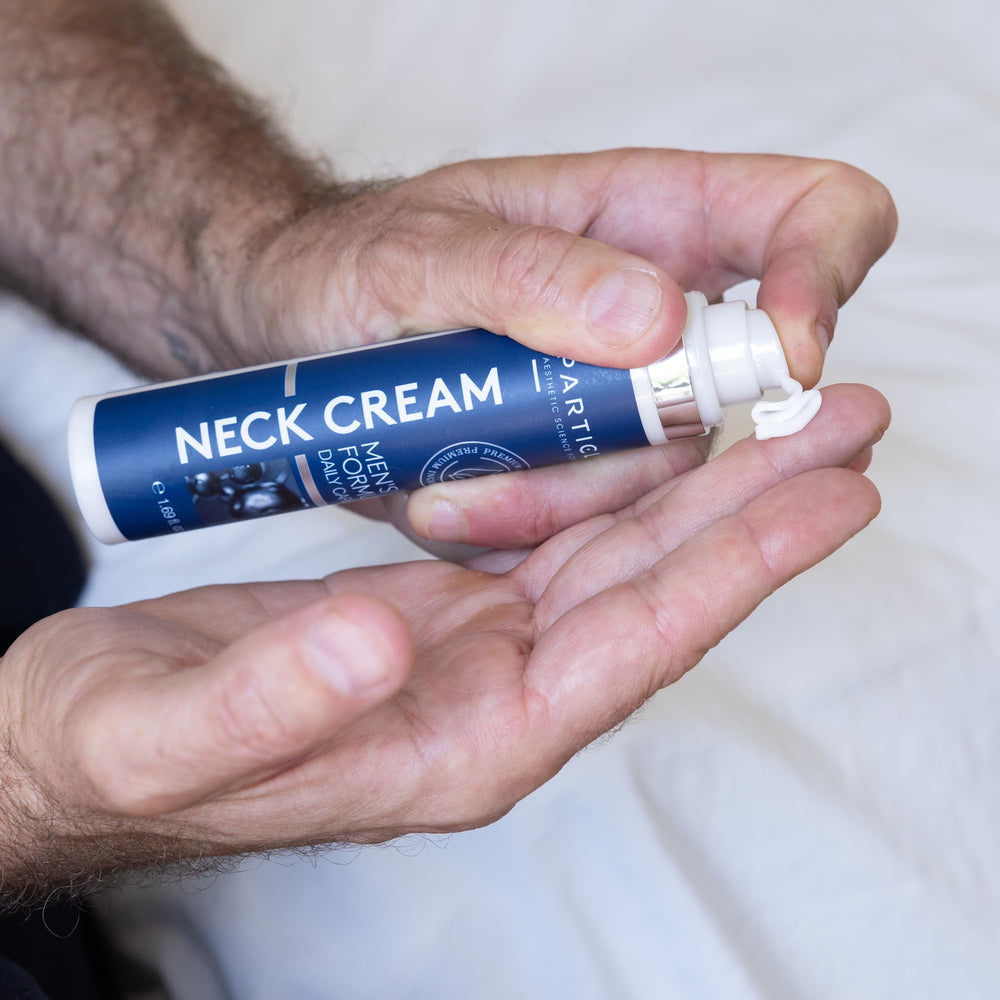 Particle neck cream packaging label detail showing ingredient list and benefits